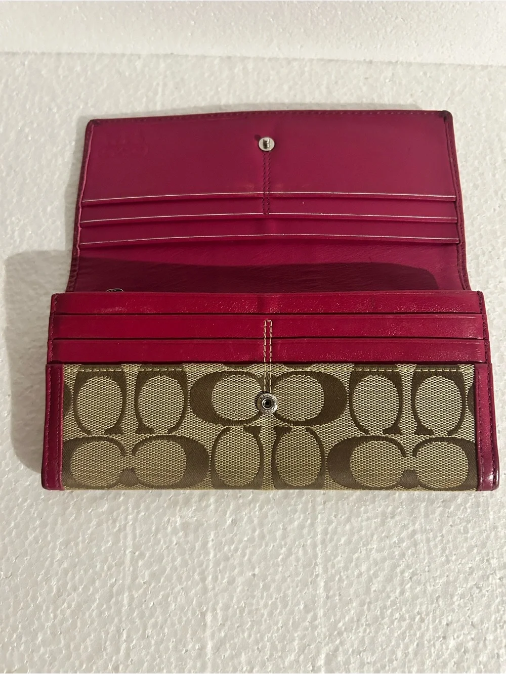 Vintage 2010 Coach Brown Signature Canvas Wallet with Pink Trim